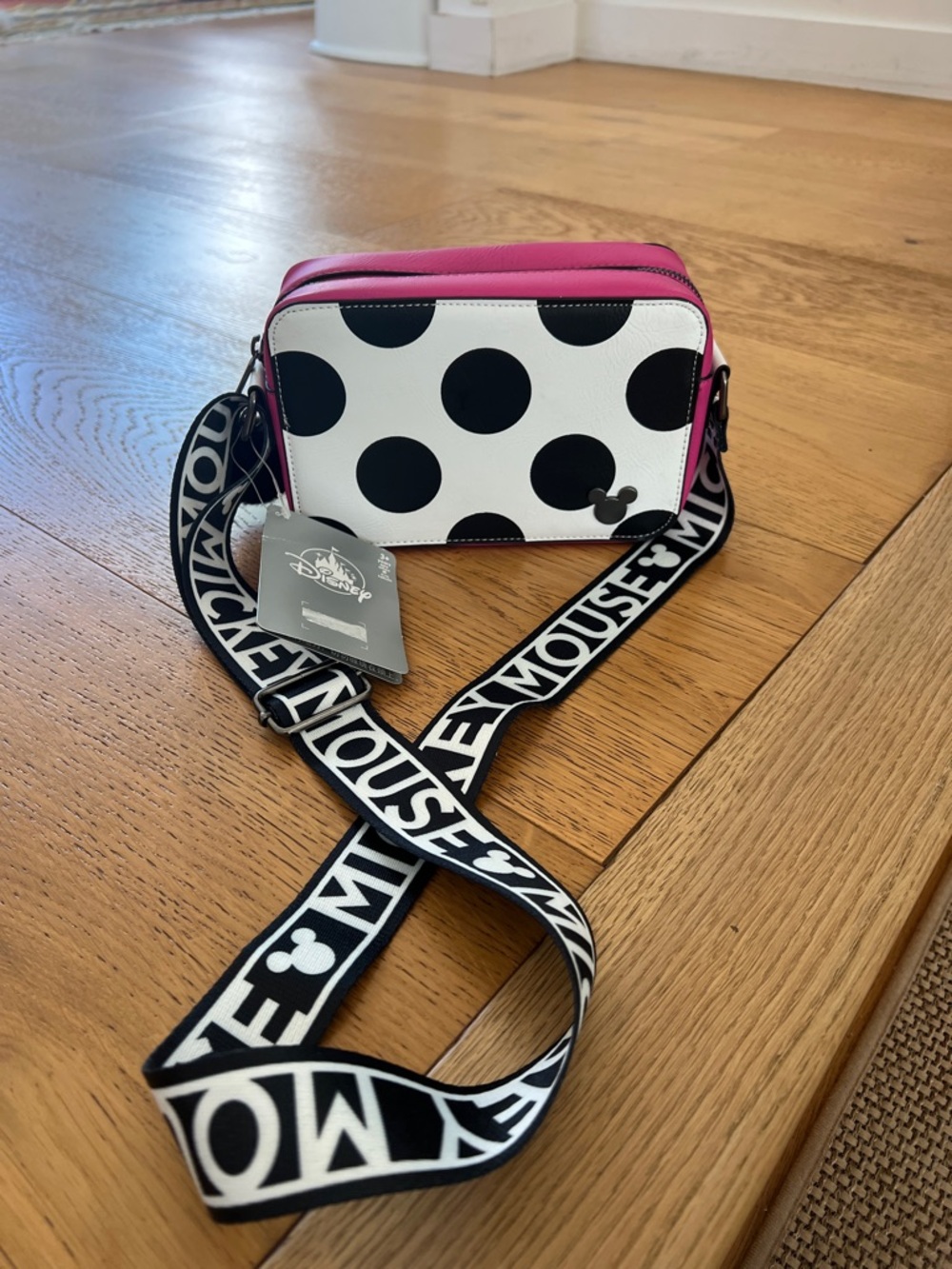 Disney Polka Dot Crossbody Bag in White, Black & Pink
